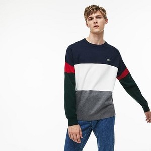 [해외] Mens Crew Neck Colorblock Flat Ribbed Cotton Sweater [라코스테 LACOSTE] grey/white/blue/red/green (AH9173-51-ATB)