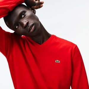 [해외] Mens V-neck Caviar Pique Accent Cotton Jersey Sweater [라코스테 LACOSTE] red/white/red (AH4087-51-AZC)