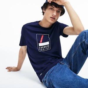 [해외] Mens Crew Neck Rubber Lettering Soft Jersey T-shirt [라코스테 반팔,폴로티] Navy Blue (TH9414-51)